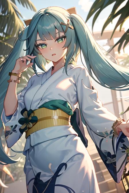 best quality, masterpiece, highres, solo, {yukata:1.40}, {kimono:1.20}, {faruzan_genshin:1.15}, twintails, bangs, long_hair, hair_ornament, aqua_hair, x_hair_ornament, green_eyes, jewelry, breasts, bracelet, small_breasts, symbol-shaped_pupils, upper_body