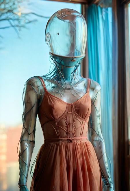 Create an image of an female Slender translucent dark-red skinned female, Long billowing dress Made of cables and hoses, standing at a corner, peeking out curiously. It is wearing a vintage see through summer dress. The colors of the image should be vibrant translucent blue like water, but still giving it a vintage look. The background is a downtown area on a sunny morning, with birds visible in the scene.
 volumetric lighting, atmospheric haze, Film grain, cinematic film still, shallow depth of field, highly detailed, high budget, cinemascope, moody, epic, OverallDetail, gorgeous, 2000s vintage RAW photo, photorealistic, candid camera, color graded cinematic, atmospheric lighting, skin pores, imperfections, natural, shallow dof,