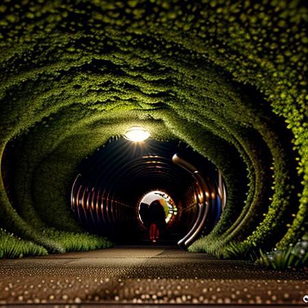 stretch, Sharp image, 4k, 8k, Detailed and Intricate, Cinematic, Dynamic Lighting, 
OverallDetail,  ultra detailed, ultra resolution, vault, no people, fully generated, amazing, beautiful, highest quality, normal situation, detailed technology, machinery, futuristic, perfect, green  perfect, 4k definition, overgrowth affected tunnel