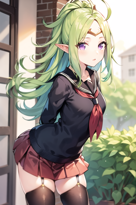 <lora:Nowi_fe-12:.6>, nowi_fe, purple eyes, light green hair, ahoge, parted bangs, circlet, school uniform, arms_behind back, miniskirt, serafuku