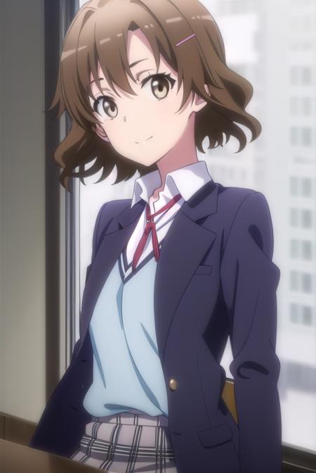 kaoriorimoto, <lora:kaori orimoto s2s3-lora-nochekaiser:1>, 
kaori orimoto, short hair, brown hair, hair ornament, (brown eyes:1.5), hairclip, smile,
BREAK skirt, ribbon, school uniform, jacket, black jacket, plaid, plaid skirt, blazer, sobu high school uniform,
BREAK indoors, classroom,
BREAK looking at viewer,
BREAK <lyco:GoodHands-beta2:1>, (masterpiece:1.2), best quality, high resolution, unity 8k wallpaper, (illustration:0.8), (beautiful detailed eyes:1.6), extremely detailed face, perfect lighting, extremely detailed CG, (perfect hands, perfect anatomy),