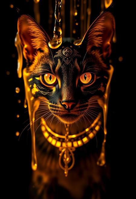 "Create a photorealistic image of a majestic cat with gold Egyptian face paint, glowing warm and bright in the darkness. The face paint should be intricately detailed, with delicate hieroglyphics and patterns that seem to shimmer and shine. The image should be cast in a dark, velvety blackness, with the only light coming from the glowing face paint. Gold liquid should be pouring down all around the cat, as if it's being bathed in a river of molten gold. The liquid should be rendered in exquisite detail, with subtle ripples and reflections that add to the sense of luxury and opulence. The cat's eyes should be piercing and bright, shining like jewels in the darkness. The overall effect should be one of breathtaking, majestic beauty, as if the cat is a living, breathing work of art." Highest-Quality, 4k, intricate details, visually stunning, Masterpiece