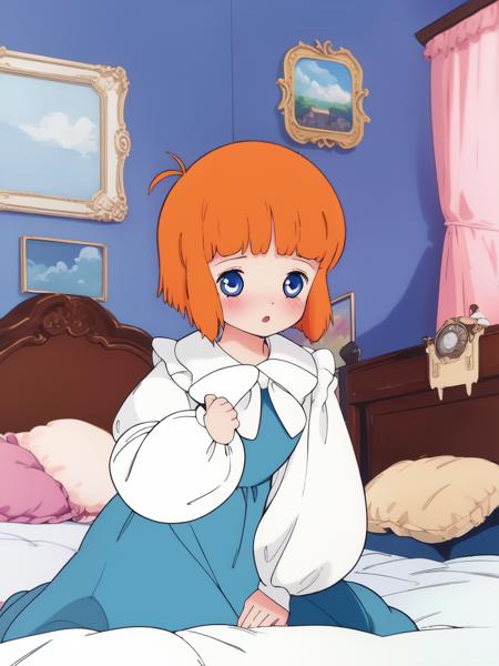 <lora:Mariel_Legrand:0.8>,  Mariel,  1girl, solo, blue eyes, short hair, orange hair,  bangs, blunt bangs,  blush, 
blue dress, bangs, puffy sleeves, puffy long sleeves, room, House, bed,
masterpiece, high quality, very_high_resolution, large_filesize, full color,