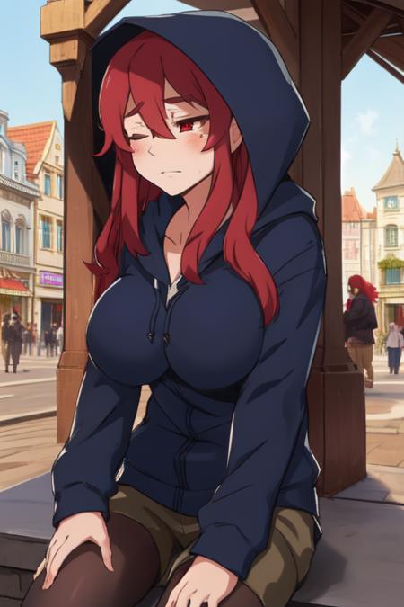 Nachiroux, red eyes, long red hair, half-closed eyes,  bored, solo,  sitting in shade, hot day, 
Colbert,long sleeves, black hoodie, hood up, shorts, pantyhose, brown shoes, 
large breasts, 
fantasy, in town square,  morning,  
(insanely detailed, beautiful detailed face, masterpiece, best quality),
 <lora:Nachiroux:0.7>