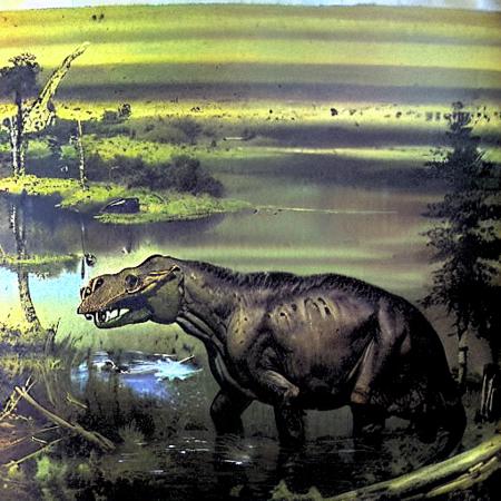 olddinosauroilpainting  dinosaur in a swamp