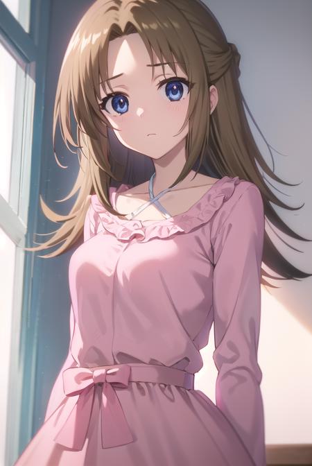 ringosugisaki, <lora:ringo sugisaki s2-lora-nochekaiser:1>,
ringo sugisaki, long hair, blue eyes, brown hair, half updo, (parted bangs:1.5),
BREAK long sleeves, dress, bow, bowtie, frills, skirt, (pink dress:1.3), white skirt, collarbone,
BREAK indoors, classroom,
BREAK looking at viewer, (cowboy shot:1.5),
BREAK <lyco:GoodHands-beta2:1>, (masterpiece:1.2), best quality, high resolution, unity 8k wallpaper, (illustration:0.8), (beautiful detailed eyes:1.6), extremely detailed face, perfect lighting, extremely detailed CG, (perfect hands, perfect anatomy),