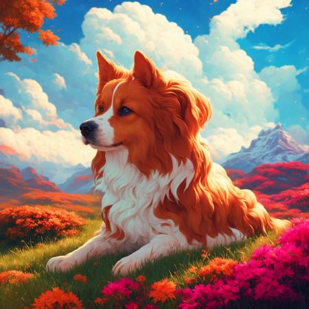 a cute dog, fantasy, beautiful clouds, colorful, moody, art by dgtl-10000