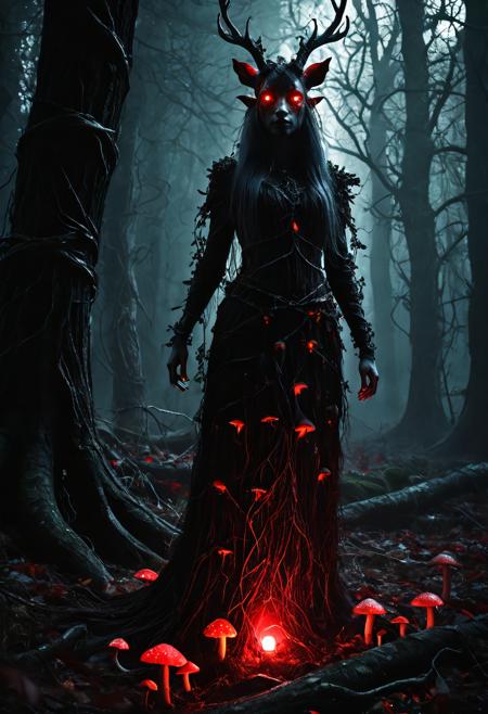 Dryad, corrupted forest spirit, black bark skin with red glowing cracks, twisted vines, decaying leaves, dark forest background, glowing red mushrooms, haunted ambiance, low light with strong contrast, mystical aura, cinematic shadows, dramatic lighting, highly detailed, fantasy horror style, dark fantasy theme