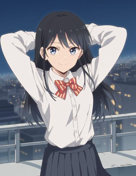 rin nanakura, long hair, bangs, black hair, blue eyes, skirt, shirt, long sleeves, bow, school uniform, white shirt, pleated skirt, striped, bowtie, striped bow, striped bowtie,