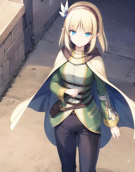 cayna, blue eyes, short hair, black pants, pointy ears, bangs, hairband, hair ornament, blonde hair, cape