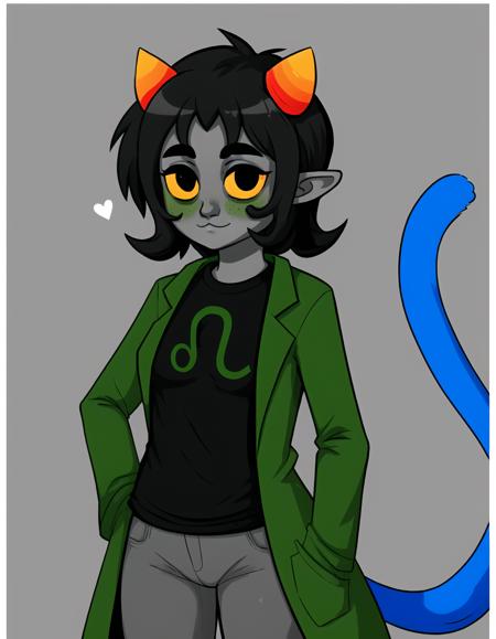 nepeta symbol on shirt colored skin, grey skin black hair, yellow sclera, horns black shirt, green coat blue hat, cat hood