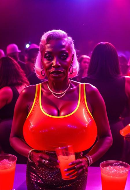 ()Hyoer Realistic:2.0)Polaroid picture of 
a hyper realistic Movie Still of (elderly 80 years old ((busty:1.8)) (((african american))) women) 
their (possessed glowing eyes:1.60)
Yesterday, Houston, TX, hosted the 2024 Kool-Aid Drinking Contest. The vibrant event drew a crowd of enthusiasts and competitors from across the region. Gina "Tiny" Daniells, an aspiring rapper and exotic dancer from Houston, emerged victorious, showcasing her impressive Kool-Aid drinking capabilities and larger-than-life personality
BREAK Fans and participants are already looking forward to next year's competition