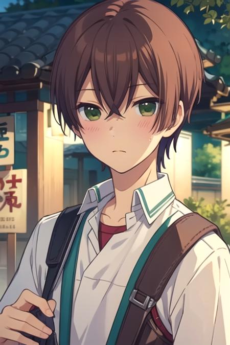 masterpiece, best quality, game cg, 1boy, solo, male focus, looking at viewer, upper body, , , realistic, <lora:shinya_momotsuki:0.74>, shinya_momotsuki, brown hair, green eyes, , , izakaya,