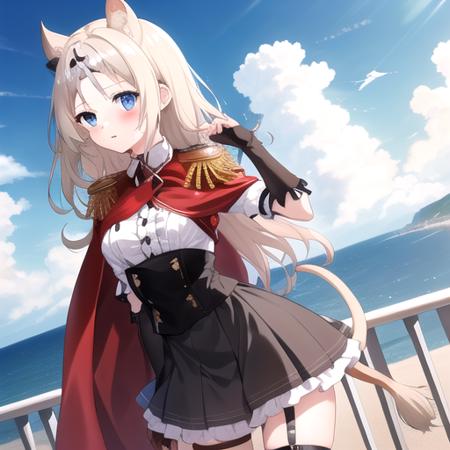 ((masterpiece)),(best quality),official art,extremely detailed CG,unity 8k wallpaper,ultra detailed,A lighthouse on a cliff by the sea,1girl,solo,cowboy shot,blonde_hair,heterochromia,blue_eyes,red_eyes,red_cape,long_hair,animal_ears,black_dress,looking_at_viewer,lion_tail,blush,epaulettes,tiara,frills,thigh_strap,frilled_dress,lion_ears,medium_breasts,wrist_guards,partially_fingerless_gloves,corset,<lora:Archetto(ark):0.8>,