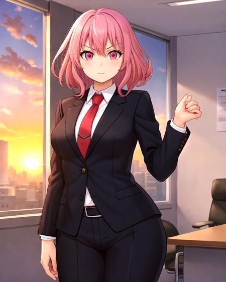 cowboy shot, pink hair, medium hair, red eyes, serious, breasts, black suit, formal suit, red necktie, office, window, sunset, <lora:MatoSpectoru:0.5>