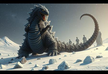 Create a highly detailed, 4K illustration of a Medusa Worm-inspired Godzilla, standing in a winter landscape with glittering ice and black slime, chemrail, and thin spikes. The model should embody greed and have a long, plump form, with several broken statues surrounding it. Use a monochrome 3D model for the main figure, with a pop of color in the eyes, clothes, and chemrail. Incorporate vivid emotions, sharp lines, and harmonious colors to bring the scene to life. Use Octane Render, Unreal Engine 5, and a dynamic action pose to enhance the visual appeal, and draw inspiration from artists such as Alphonse Mucha, Artgerm, Greg Rutkowski, and WLOP. Ensure the final piece features a powerful message, stunning colors, and captivating lighting to make it trending on ArtStation and CGSociety.scopophobia