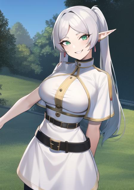 <lora:frieren:0.7>, frieren, 1girl, solo, long hair, breasts, looking at viewer, smile, bangs, long sleeves, dress, twintails, jewelry, green eyes, grey hair, pantyhose, cowboy shot, earrings, outdoors, parted lips, day, pointy ears, striped, belt, white dress, grin, arm up, black pantyhose, capelet, elf, arm behind back, black belt, white capelet