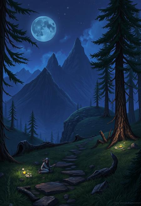 fantasy style, warcraft, video games, night elf, forest, night, mountains, path,