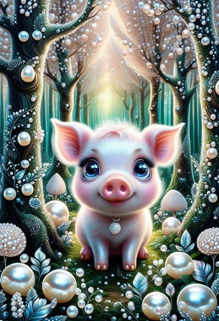 A cute pig, in a Pearlum forest, fantastical, looking around trees, whimsical, cute, big eyes  <lora:Pearlum_World_Morph:1>