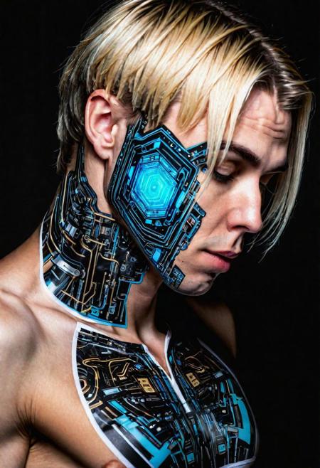 ( Ultradetailed desing T-Shirt square inside portrait woman and take only head Android man and kissing, Sci-Fi marc , 8k , tecnology detailed,chips, mechanism, beautiful neon colors , blonde and black hair, scuare desing:1.0)