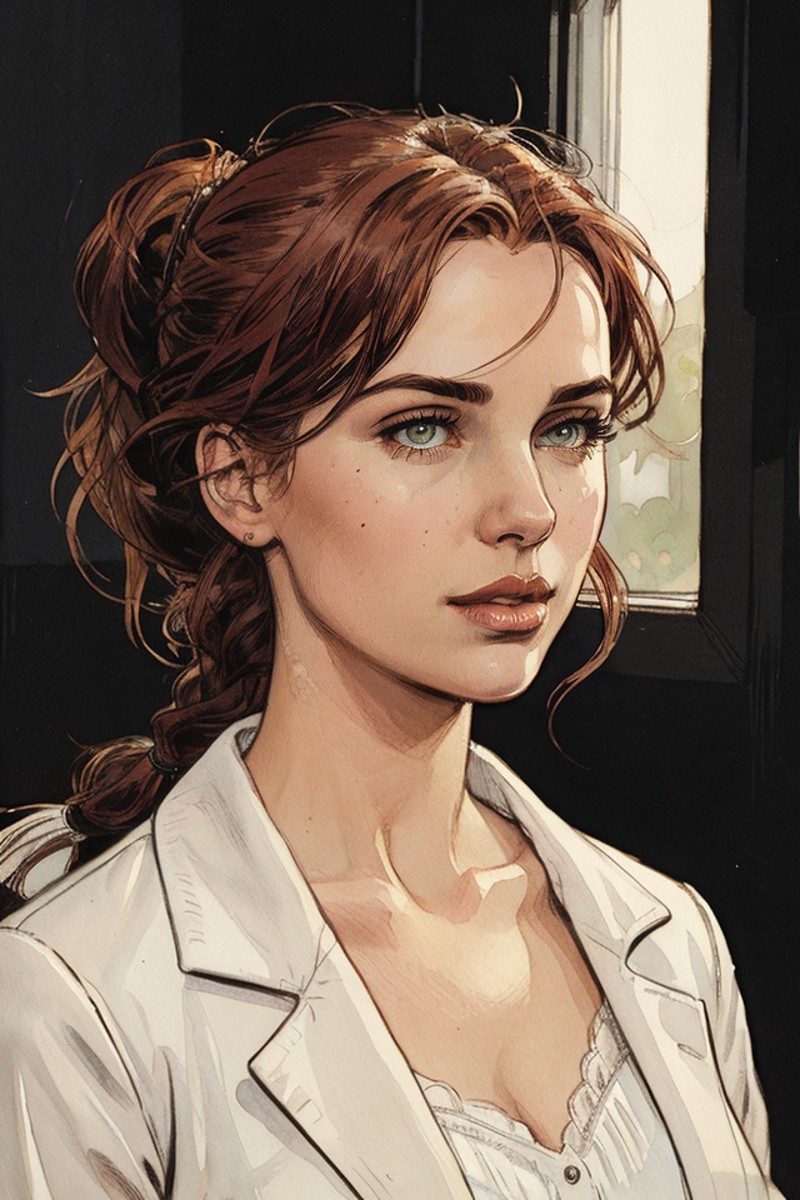 (neutral palette:0.5), comic style, (muted colors:0.5), illustration, cartoon, soothing tones, redhead young woman, ponyta...
