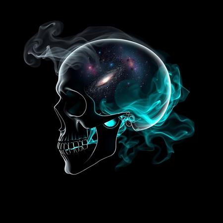 Cybernetic Skull, black background, slhouette black and white outline, skull made of smoke, neon teal_flames, pov sideview, smoke rises from back of skull, whole Galaxy in skull