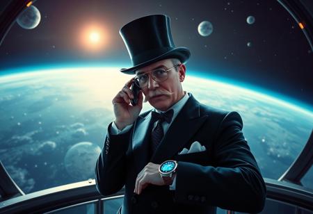 A rich person with a monocle, a moustache and a top hat, is staning on a space station. 1950s style. The person has a hologram watch, wich he is taking a phone call with. He is not wearing glasses. He wars only a moncole, wich are glasses with only one lens.