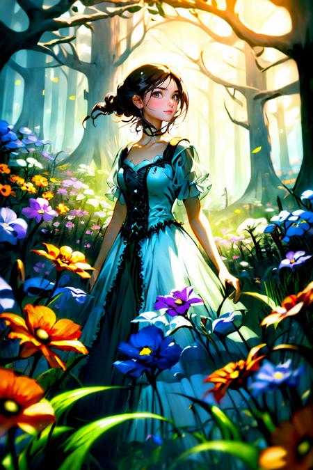 1girl, dress, beautiful face, dreamscape, forest, misty, flowers