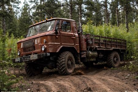 photo RAW,(<lora:gaz66:0.7>, a Crimson truck driving down a dirt road in dark forest), masterpiece, award winning photography, lighting, perfect composition, high detail, hyper realistic,dramatic lighting, epic