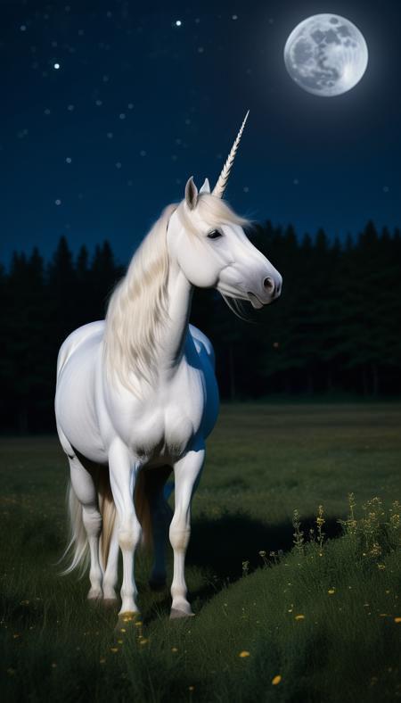 "A majestic unicorn grazing in a moonlit meadow, its horn emitting a soft, magical glow."