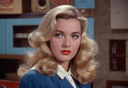 1940s vintage retro, cindy DCU, blonde hair, blue-eyed, perfect photo, highly detailed, best quality, fine details, coherent face, full body shot, standing, technicolor film still screencap, kodachrome photograph