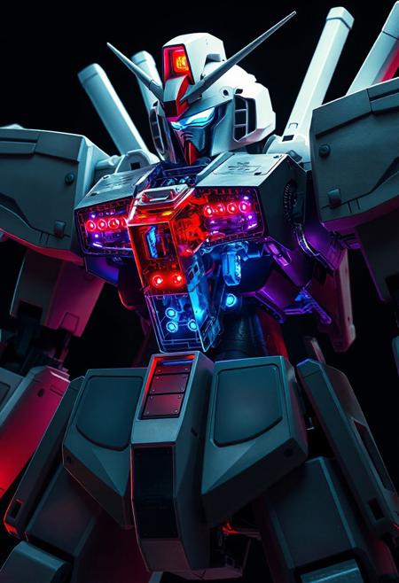 hyperrealistic, gundam, A gundam robot with a cut-away view showing cockpit, pistons and led's and circuit boards and motors