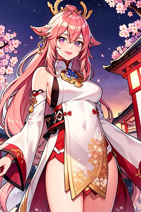 photorealistic, (hyperrealistic:1.2), (extremely detailed CG unity 8k wallpaper), (ultra-detailed), masterpiece, best quality, 1girl, (ulzzang-6500:0.725), yae miko, detached sleeves, bare shoulders, pink hair, long hair, best quality, (photorealistic:1.2), (hair ornament:1.35), jewelry, purple eyes, earrings,, large breasts, torii, cherry blossoms, lantern light, depth of field, detailed face, face focus, (looking at viewer:1.25), shiny skin, long sleeves, smile, thick lips, game cg, east asian architecture, blurry background outdoors, smile, standing, lips, mount fuji, twilight, long hair, looking at viewer, medium breasts, hip vent, hair ornament, clothing cutout, cowboy shot, closed mouth, s star (sky),  night sky, galaxy, stars, sakura trees