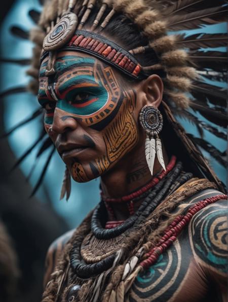 Tribal chief, face exuding an aura of malevolence, textured skin resembling symbiotic entities intertwining, colorful tribal markings accented in an ominous style, extreme close-up, sharp details capturing the sinister gaze that suggests a lost soul, 8k, highly detailed.