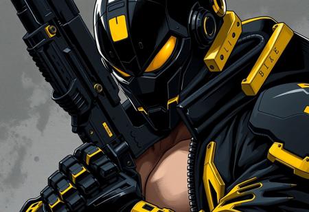 Create a close-up illustration of a warrior with a gun, featuring a black armor exoskeleton with yellow accents, inspired by tokusatsu and the art style of Peter Bagge. The character should have a faceless horror human design. The artwork should incorporate a stardust gradient scheme and a black scheme, with a cool jacket over a bare torso. The desired level of detail is high, with micro details, lifelike details, and adherence to the golden ratio. The image should be rendered in 4k, with a 35mm lens, and a noir-inspired aesthetic. The final output should be a hyperrealistic digital painting, with post-processing and octane render. The style should be reminiscent of Andrew Wyeth's concept art, with a focus on charism and beauty. The image should be suitable for display on Amiami and Artstation, with a trending and high-quality aesthetic.