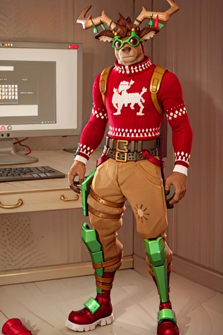 <lora:Fortnite_Dolph:0.5>, Fortnite_Dolph, Fortnite_Dolph, Novelty Glasses, Christmas Sweater, Belt, Christmas Stocking, Christmas Lights, Candycane, Pistol Holster, Christmas Ball Ornament, Khaki Pants, Shin Guards, Boots, volumetric lighting, (((using a computer))), cgi, 3d, octane render, clouds, ambient occlusion