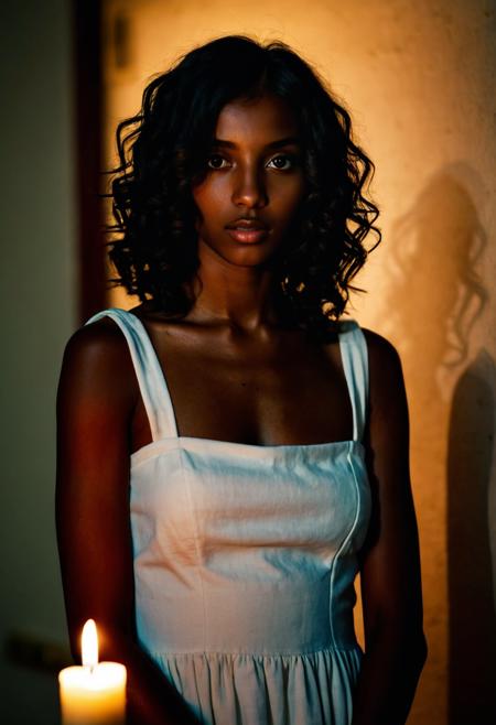 The super-model-beautiful dark skin ((Greek woman)) ((Black hair))  age 20, hyper realistic, clear focus, photo-real, hyper-realistic:1.5, 8k, amazing details, striking eyes, perfect face, sharp focus, photo-real, (curling shoulder length hair:1.5), SFW, serene, calm, (beautiful face), wearing a white linen dress, (dark room in background), dark nighttime, holding a candle is only light source, ((spotlight, dark theme, silhouette)), ((dramatic shadows and subtle highlights)), warm tones, soft focus, atmospheric lens,