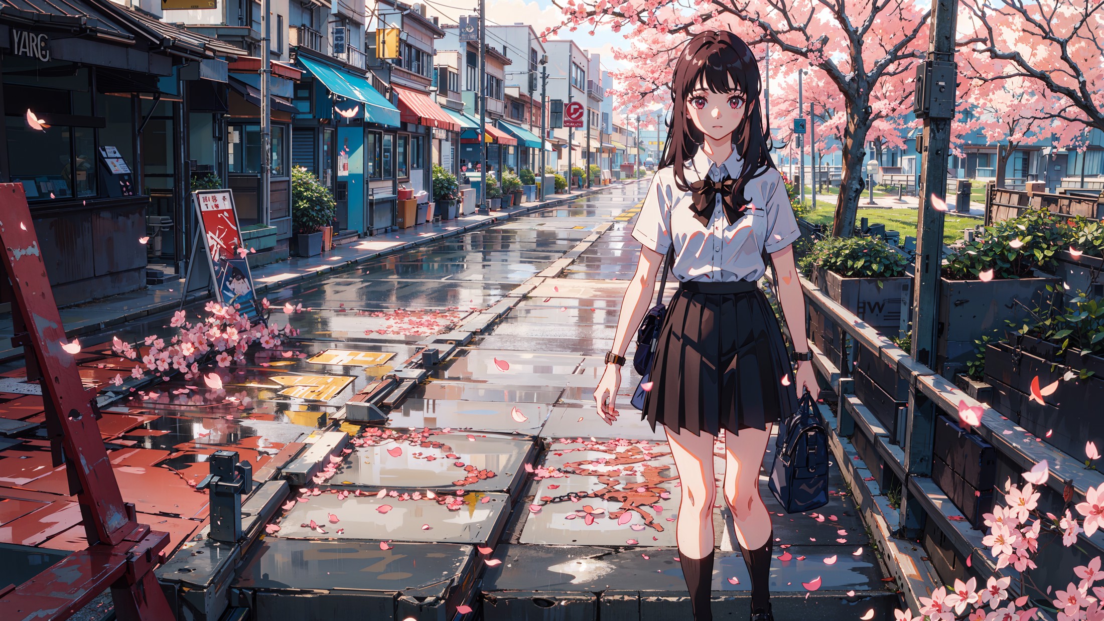 masterpiece, best quality,
1girl, black skirt, branch, building, chain-link fence, cherry blossoms, fence, long hair, outd...