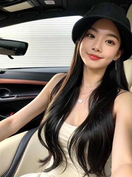 1girl, hat, solo, jewelry, necklace, looking at viewer, car, black hair, white headwear, tank top, ground vehicle, motor vehicle, lips, smile, realistic, v, ribbon, upper body, black eyes, breasts, sleeveless, long hair, tree, car interior <lora:zipai:0.85>