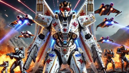 Elvis Presley reimagined as a futuristic, ultra-detailed Mecha robot, crafted from polished chrome and vibrant metallic accents inspired by his iconic stage costumes. Hyper-realistic, cinematic composition, stunning 8K PBR textures, intricately rendered mechanical components, glowing neon highlights in signature Elvis colors, detailed hydraulics, joints, and gears. Dynamic pose capturing Elvis's legendary stage charisma, dramatic atmospheric lighting, with immersive, futuristic cityscape background, cinematic depth-of-field effect.