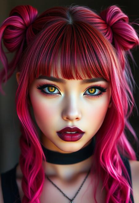 This is a highly detailed, portrait of a young pacific islander woman with an edgy,25yo,  gothic aesthetic. She has long, wavy stong  redand pink  hair styled in high pigtails, with bangs framing her face. Her skin is pale with a slight glow, suggesting a youthful, She has striking, bold makeup with yellow, electric eyes, thick eyeliner, and deep black eyeshadow, complementing her dark lipstick.