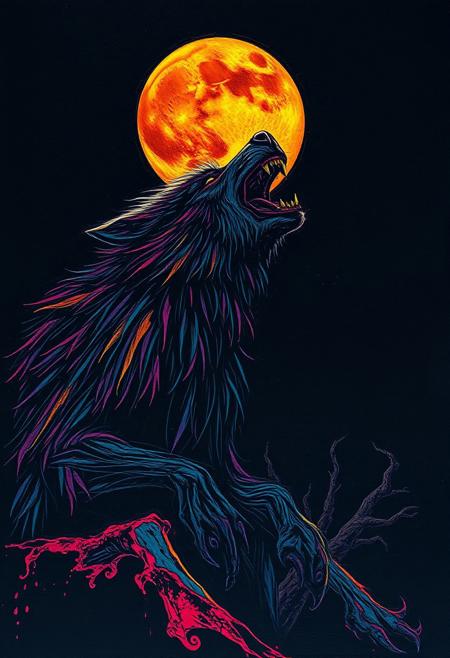 A hauntingly beautiful image of a dark, scratch art background, with a monster werewolf howling at the moon, like a creature possessed by a supernatural force. The werewolf, a vibrant, multicolored creature, seems to glow with an otherworldly light, its eyes gleaming with a malevolent intensity. The moon, a glowing, orange orb, seems to pulse with a creepy, lunar energy, as if it's summoning the werewolf's transformation. The scratch art, a textured, layered effect, creates a sense of depth and dimensionality, as if the viewer is gazing into a dark, mystical realm. The dark, ink background provides a striking contrast to the vibrant, multicolored werewolf and moon, creating a sense of drama and tension. The overall effect is one of eerie, Halloween magic, as if the viewer is witnessing a supernatural, lycanthropic spectacle. highest-Quality, intricate details, visually stunning, Masterpiece
