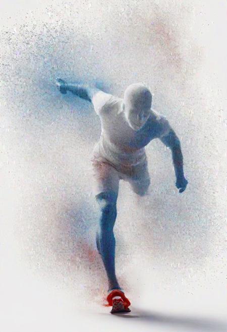dust floating in the air transforming into a white hollow male silhouette resembling different olympic sports, use only colors blue & white & red, (amount of particles: 1.35), iconic, glossy white background, abstract, impressionistic, aesthetics, highest quality, ((highest resolution))