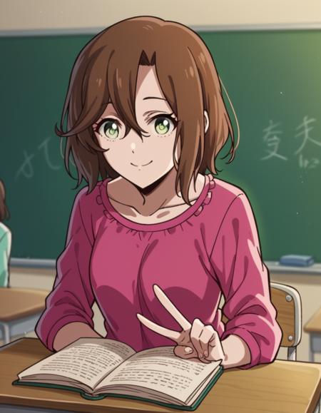 miyako taroumaru, short hair, brown hair, green eyes, hair between eyes, medium breasts, shirt, pink shirt, frilled shirt, long sleeves, pants, collarbone