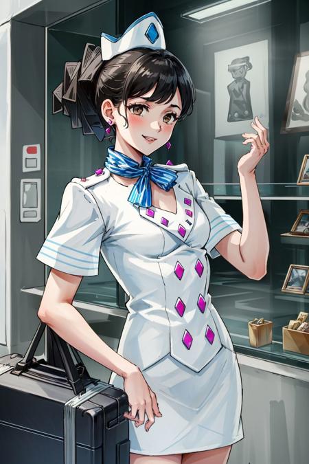 (masterpiece, best quality, high res:1.3), absurd res,  rhodateneiro,  brown eyes, ponytail, white uniform, short sleeves, skirt, smile, hat, holding suitcase, in a store with suitcases, glass displaycase, cabinet, <lora:RhondaTeneiro:0.85>