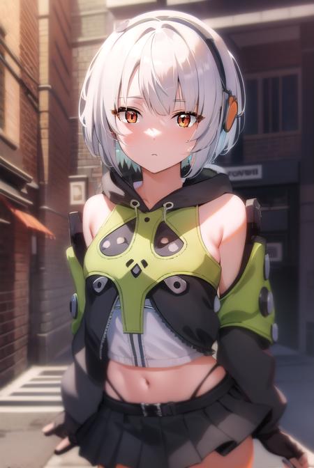 anby demara, (orange eyes:1.5), short hair, white hair, bare shoulders, black gloves, black skirt, black thighhighs, fingerless gloves, gloves, green jacket, headphones, jacket, navel, skirt, stomach, thighhighs,