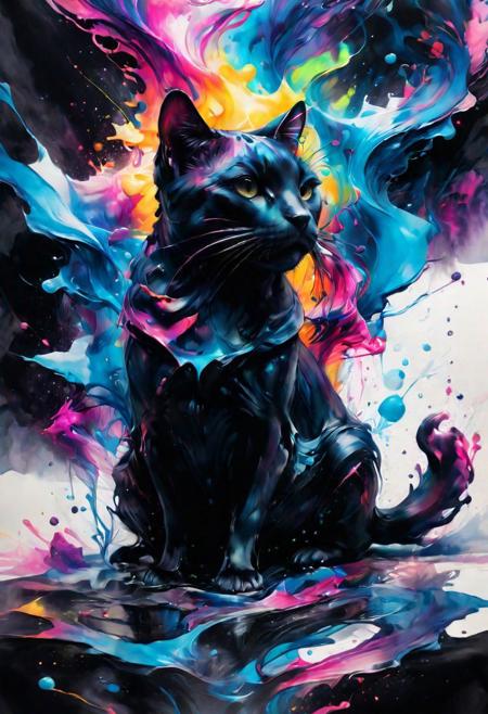 amazing watercolor painting  award winning, ((masterpiece)), ((best quality)), ((detailed)), Unparalleled, ((Enchanting)), ((Impressive)), a black cat sitting on top of a reflective surface, cyberpunk art, inspired by Dan Mumford, furry art, details and vivid colors, electric wallpaper, beeple and jeremiah ketner, multicolored vector art, intricat, in a painting of a cat, full res psychedelic therapy, trending on ArtStation, ink splatters, pen lines, incredible detail, creative, positive energy, happy, unique, negative space, pure imagination painted by artgerm ,Surreal Harmony, yamer style, SLPASHTER_3-7000, Gorgeous splash of vibrant paint, paintmgc, colorful paint, Colorsplash
