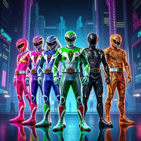 Five futuristic heroes in Power Ranger-style suits, each themed after a different psychoactive substance. One in neon colors with sharp angles represents stimulants. Another in soft purples with flowing patterns symbolizes psychedelics. A relaxed hero in greens reflects cannabis with organic textures. The fourth, in dark metallic shades, represents depressants with a heavy design. The last, in chaotic patterns, symbolizes hallucinogens. They stand confidently in a neon-lit futuristic city with a dark sky