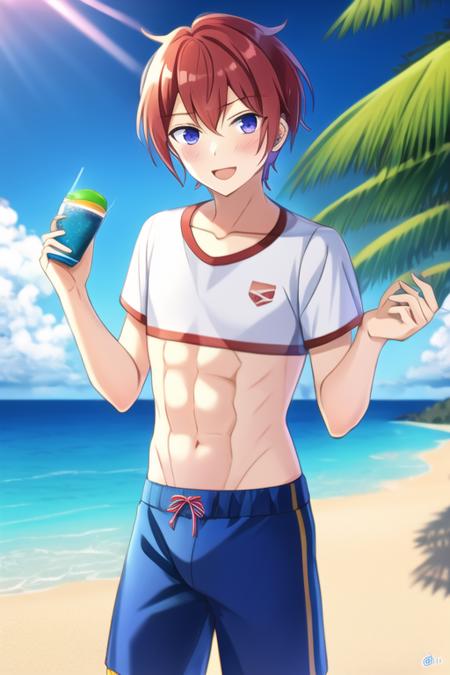 <lora:tsukasa_suouV22:0.8>, 1boy, idol, tsukasa_suou, solo, standing, red hair, short_hair, abbs, white sailor shirt, beach, swimming trunks,