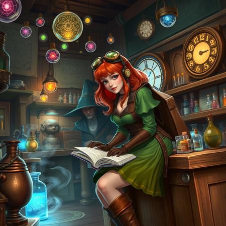 (WizardCoreAI:1.3) 1girl  Beautiful alchemist, leaning forward studying magic Book on bench,copper hair, Steampunk goggles, goggles on head, (Alchemy and Tinker shop, tools, potions, bottles, workbench, wooden walls, wood furniture, schematics on wall, blueprints on wall, proud, green dress, brown corset, leather belt, Brown Backpack, too many pouches, massive boots, gloves,l charts in a tower filled with magical orbs Wizard activating a golem in a rune-lit workshop, Alchemist mixing potions amid hovering magical essences, Enchantress reading a spellbook studying a steampunk-inspired chronomancer's clock 
(amazing fantasy setting, Ultra Realistic, trending on artstation, exaggerated, detailed   
 background:1.1)